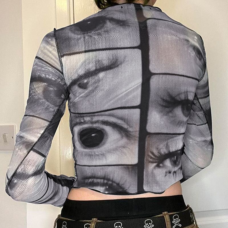 Red Gothic mata besar cetak terbuka benang splicing mesh lengan panjang T-shirt desain ceruk perempuan all-match pakaian luar tembus atasan pendek