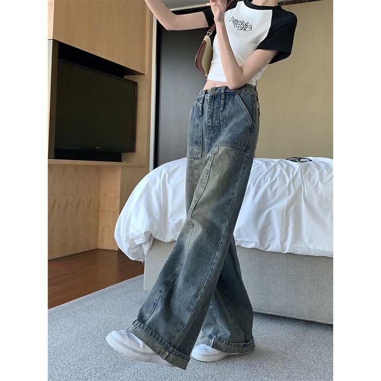 Red American retro old lurus jeans wanita musim panas lebar kaki celana mengepel celana tirai celana ramping celana trendi
