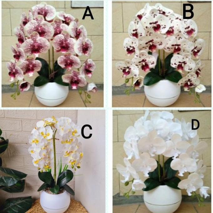 Rangkaian anggrek Putih latex Premium 2 tangkai pot plastik bunga meja