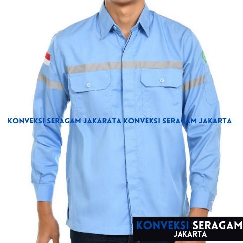STA053 Baju Kemeja Safety K3 Lengan Panjang - Seragam Kerja Atasan Wearpack Werpack Werpak Proyek Tambang Warna Biru Telur Asin Muda Langit  Pria Wanita - Konveksi Seragam Jakarta +++