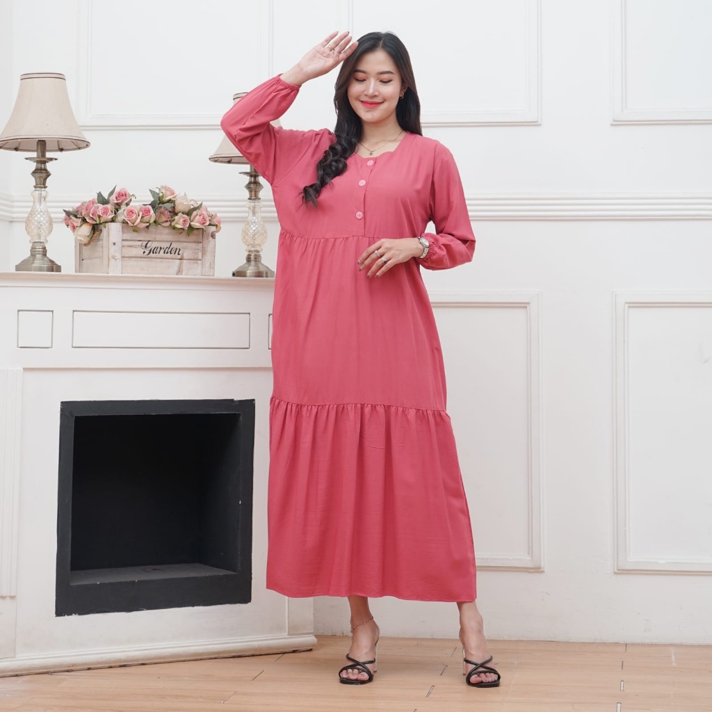 MIDI DRESS WANITA BAHAN RAYON BUSUI FRIENDLY | GAMIS MIDI KANCING DEPAN LENGAN 7/8