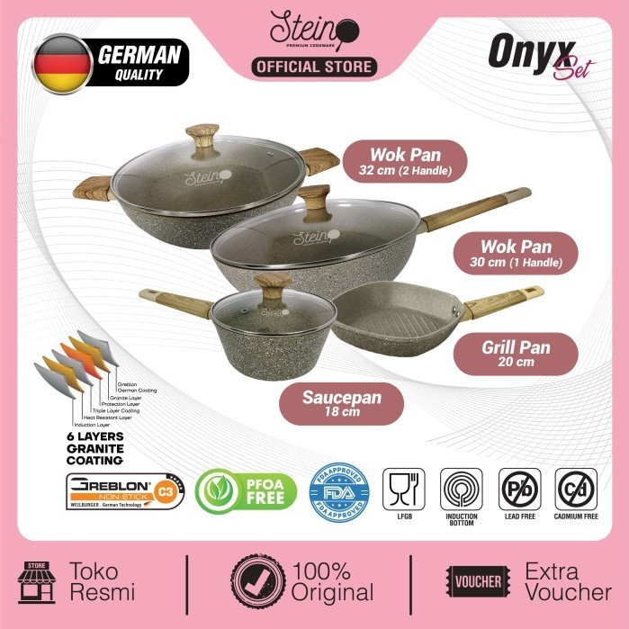 

Paket Onyx Steincookware - Wok 32 + Wok 30 + Grill 20 + Sauce Pan 18cm