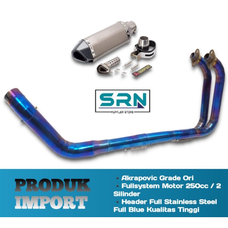 KNALPOT IMPORT AKRAPOVIC GRADE ORI HEADER FULL BLUE NINJA 250 FI NEW OLD KARBU R25 MT25 Z250 CBR250R