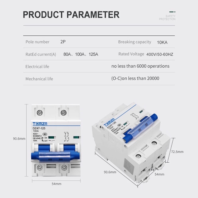 MCB DC 2P 100A 125A DC 600 V MCB Circuit Breaker untuk Sistem PV C Kurva MCB