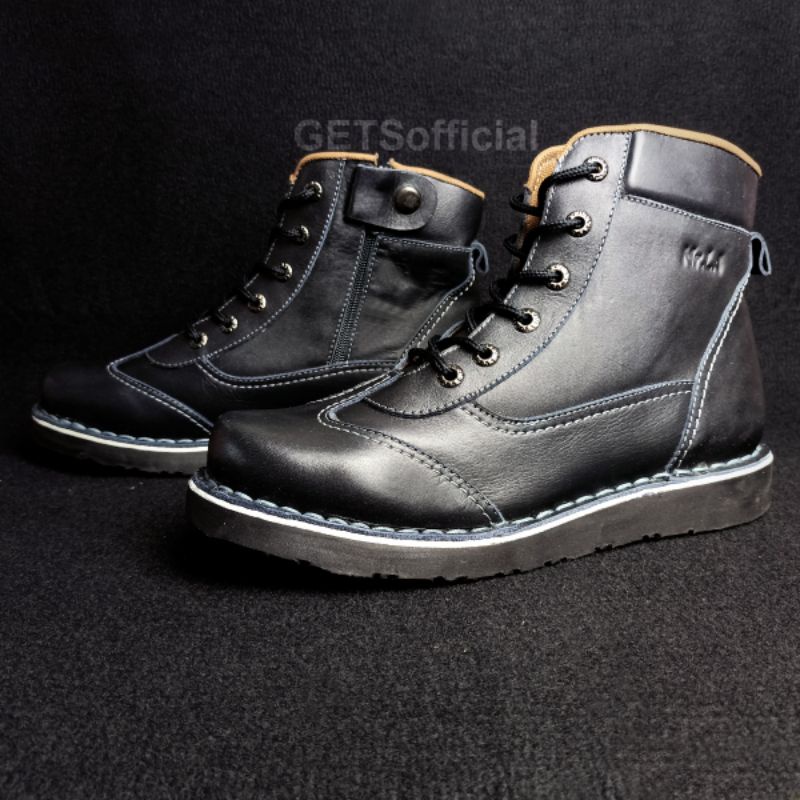 Sepatu Pria Boots Casual Kulit Asli Full Black Sepatu Cowok Keren Ready Jumbo Size 38-46 Warna Hitam Model terbaru Kekinian