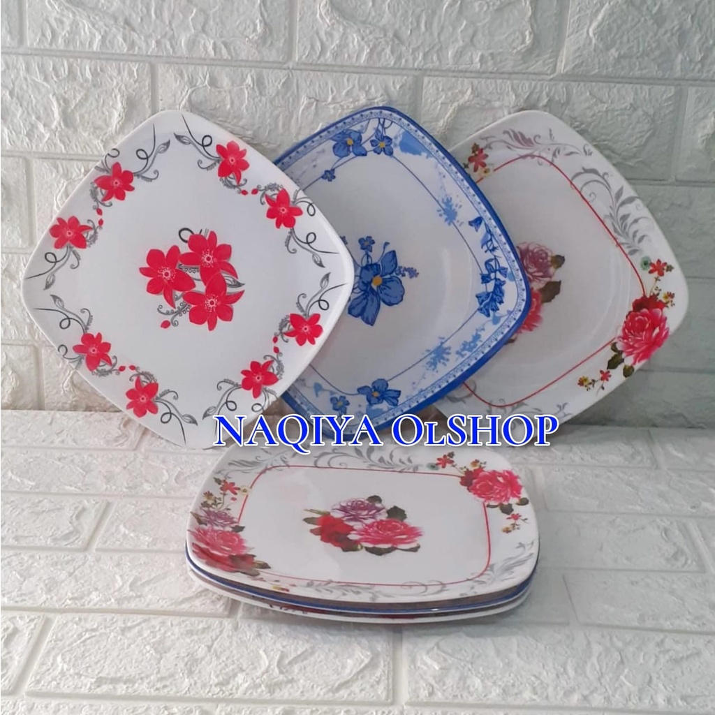 6 Pcs Piring Saji Ceper Segi Motif Bunga Cantik Melamin Berkualitas