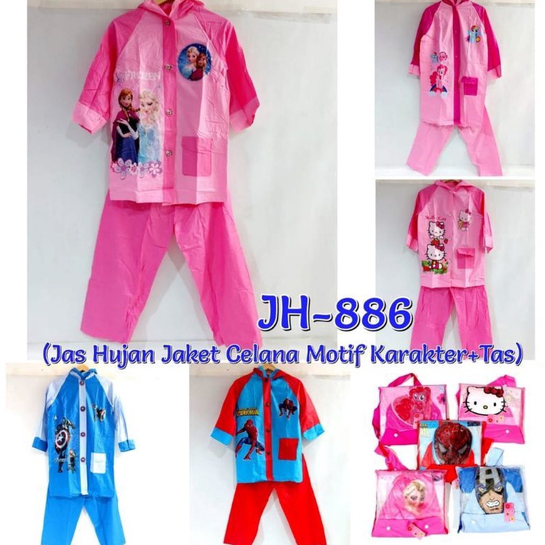 TERBAIK Jas Hujan Anak Setelan Jaket Celana Karakter+Backpack Mantel anak backpack 886