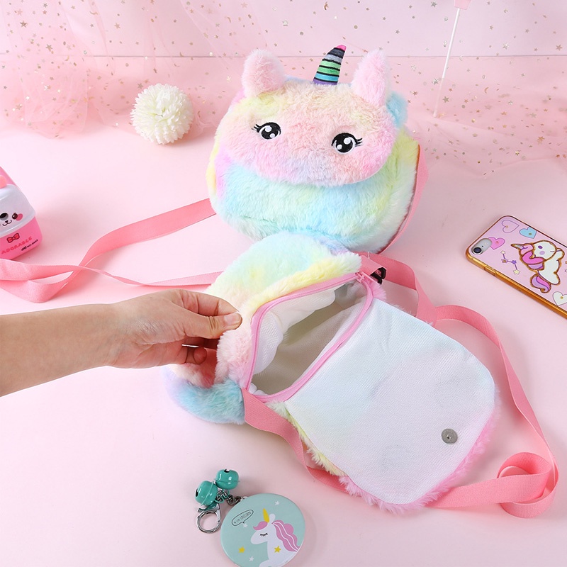 Holiven Tas Anak Unicorn Bulu Warna Ungu Pink Biru / Tas Selempang Anak Gradasi