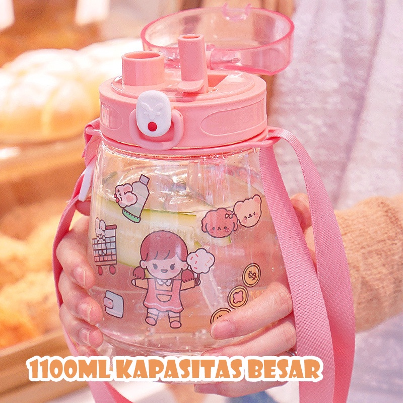 Holiven Botol Minum Anak Plastik Stiker Jerami 1100 ml