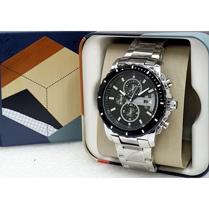 New Jam Tangan Fossil Pria Tali Rantai Chrono - Free Box Kaleng Stok Terbatas