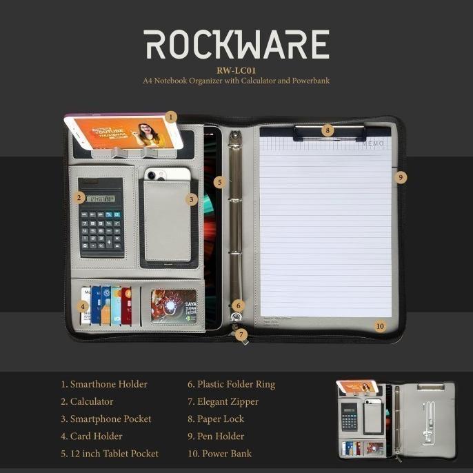 

ROCKWARE RW-LC01 - A4 Notebook Organizer with Calculator and Powerbank