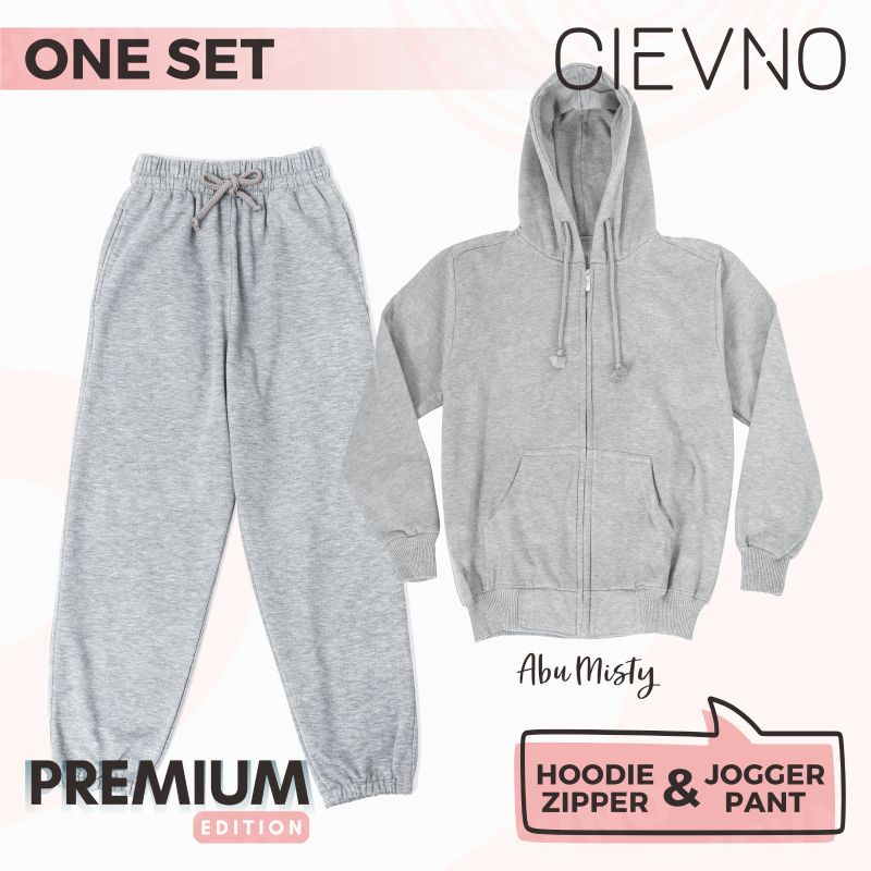 ONE SET HOODIE ZIPPER + CELANA JOGGER PREMIUM ABU MISTY MUDA (PRIA&amp;WANITA)