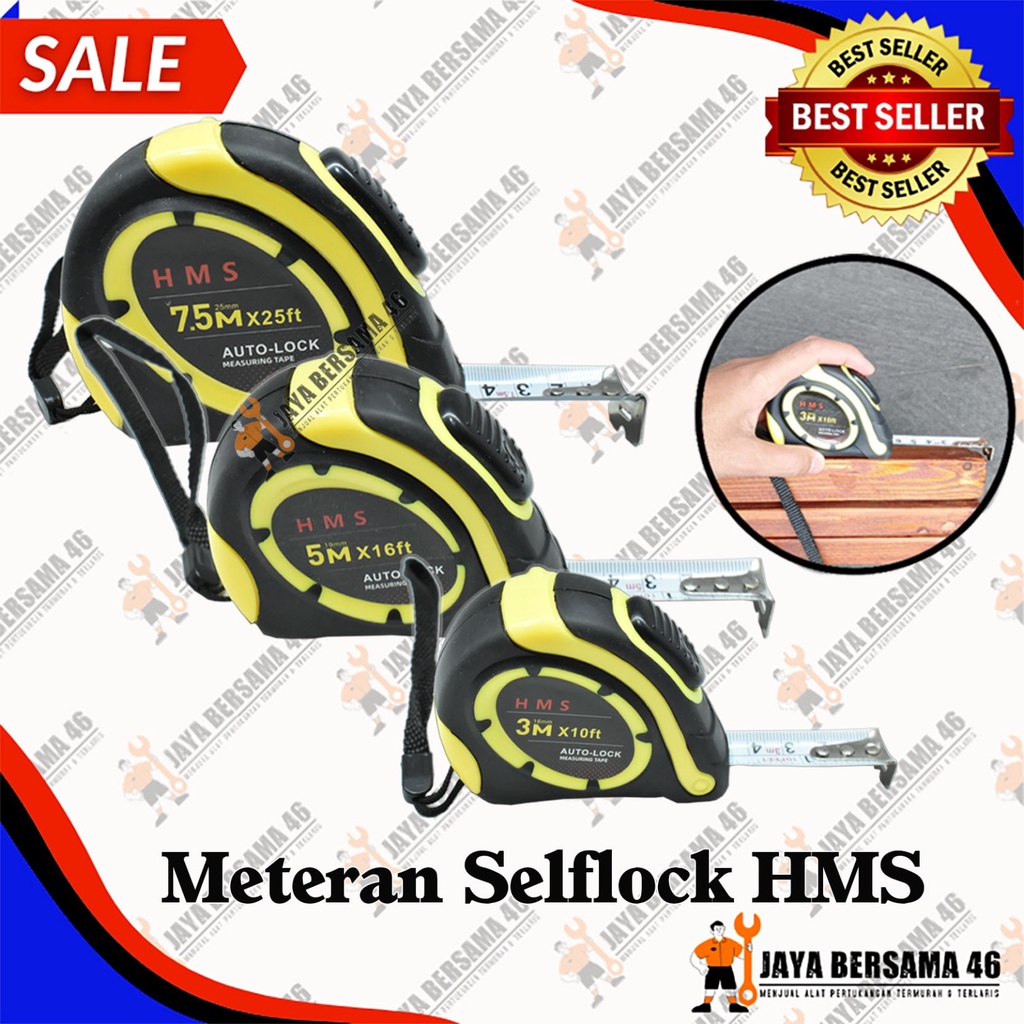 METERAN SELFLOCK HMS / METERAN TUKANG BANGUNAN OTOMATIS / METERAN AUTO LOCK / METERAN GULUNG / METERAN OTOMATIS / MEASURING TAPE / PITA UKUR / ROL ROLL METER / ALAT UKUR TUKANG / METERAN 3M 5M 7,5M