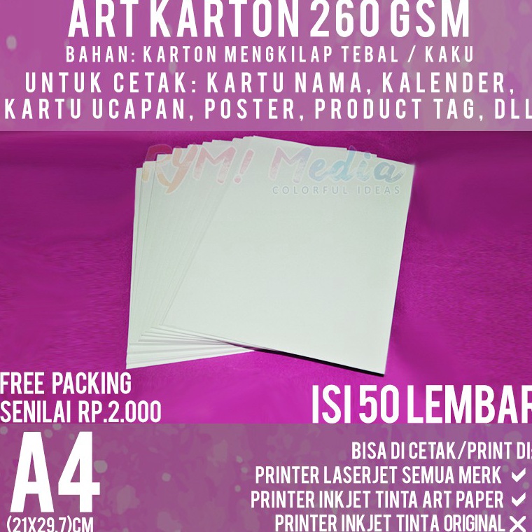 

Art Karton 260 gsm A4 isi 50 lbr / Kertas Art Carton Paper Glossy 260 gram ➢Bayar Di Tempat