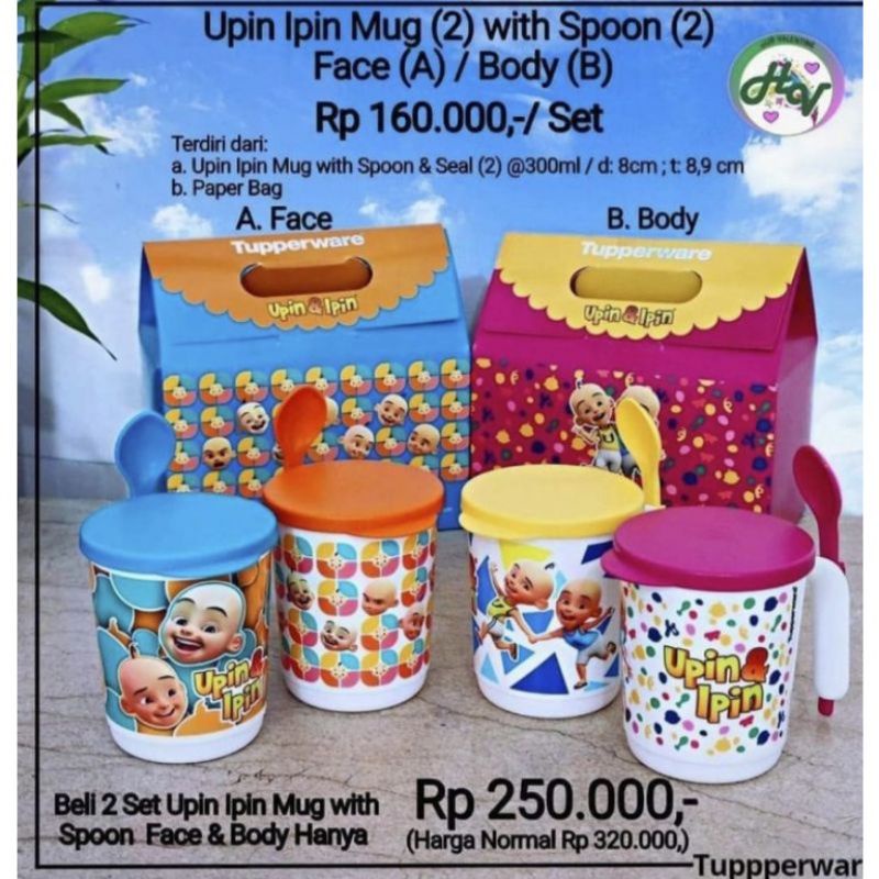 Upin Ipin Mug With Spoon//350 ml//Pink Kuning//Biru Oren//Tupperware Ori Promo Murah