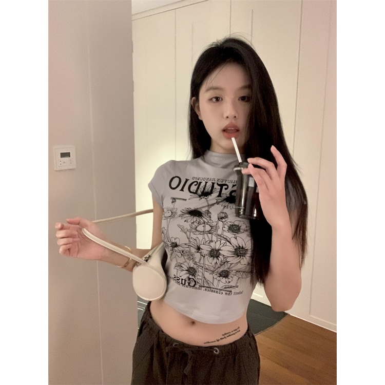 Red Amerika Cetak Huruf Lengan Pendek Setengah Tinggi Kerah Top Wanita Musim Panas Gadis Pendek Slim Seksi Putih Pusar t-shirt