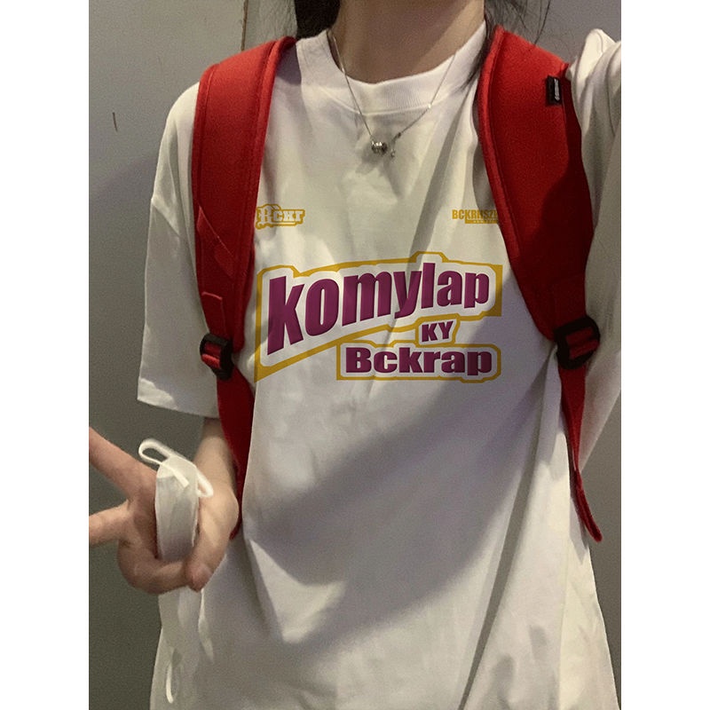 Red American Retro Lengan Pendek 100% Kaos Katun Wanita 2023 Baru Musim Panas Niche Longgar Lengan Setengah Top Pakaian In Tide