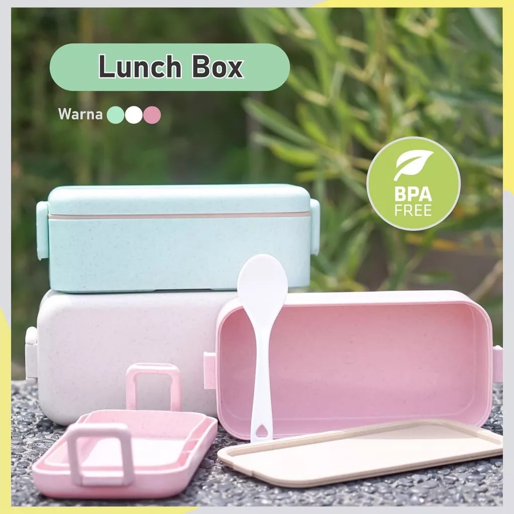 LUNCH BOX 2 SUSUN JERAMI GANDUM SET SENDOK DAN GARPU / KOTAK BEKAL
