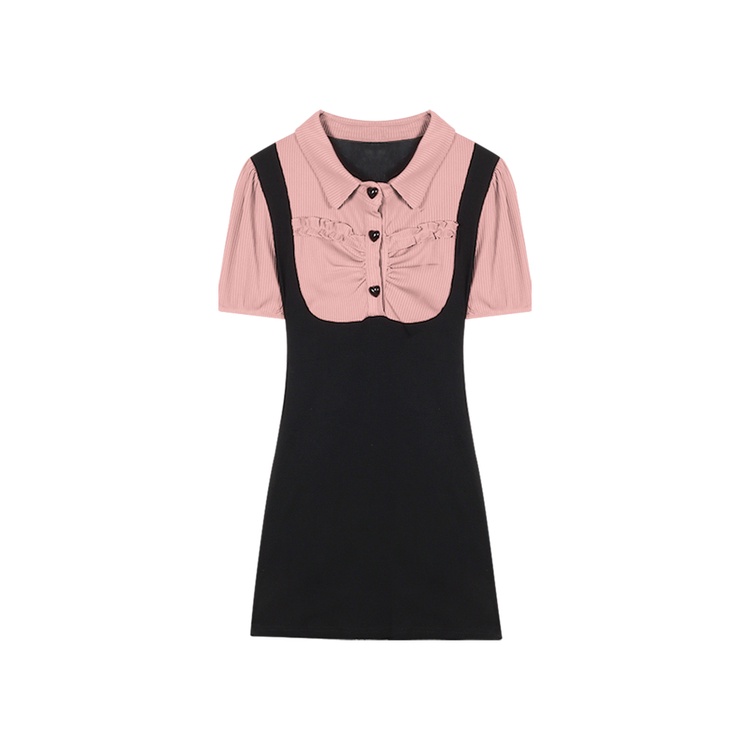 Red Palsu dua potong Polo kerah rajutan lengan engah gaun wanita musim panas keinginan murni berongga dasi kupu-kupu rok pinggul