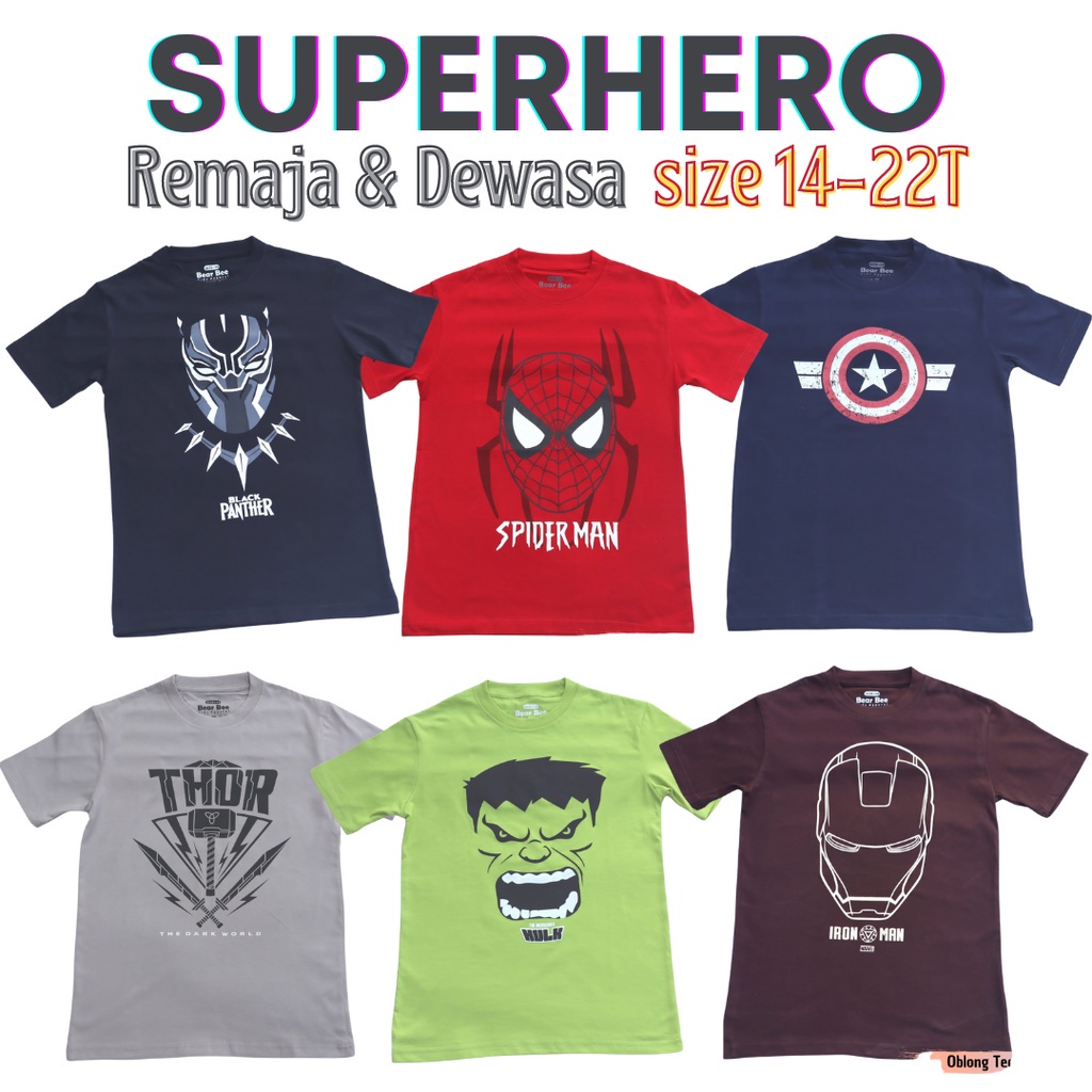 Baju Atasan Kaos Oblong Unisex  Dewasa Superhero Spiderman Merah Pria Wanita Remaja thor iron man