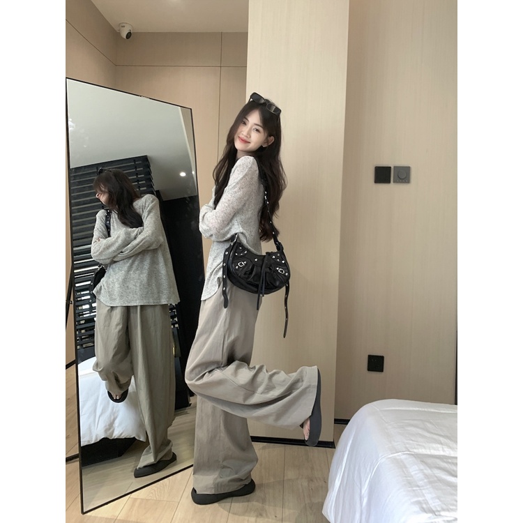 Red Baju kasual wanita pelangsing tabir surya kemeja lengan panjang T-shirt top musim panas lebar kaki celana longgar celana panjang two-piece set