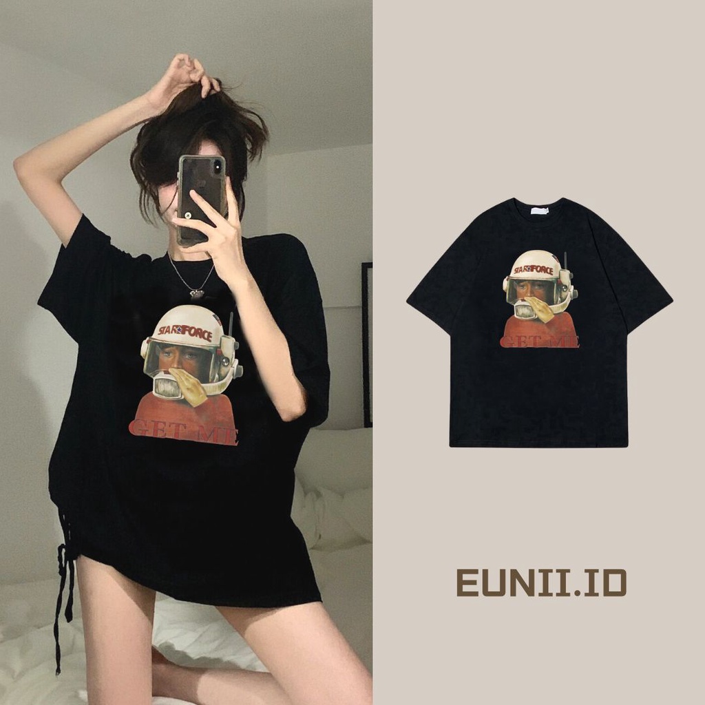 EUNII T-shirt Lengan Pendek Cartoon Airline Man Korean Style/Kaos Atasan Wanita/Baju Kaus Oversize Wanita/Kaos Wanita