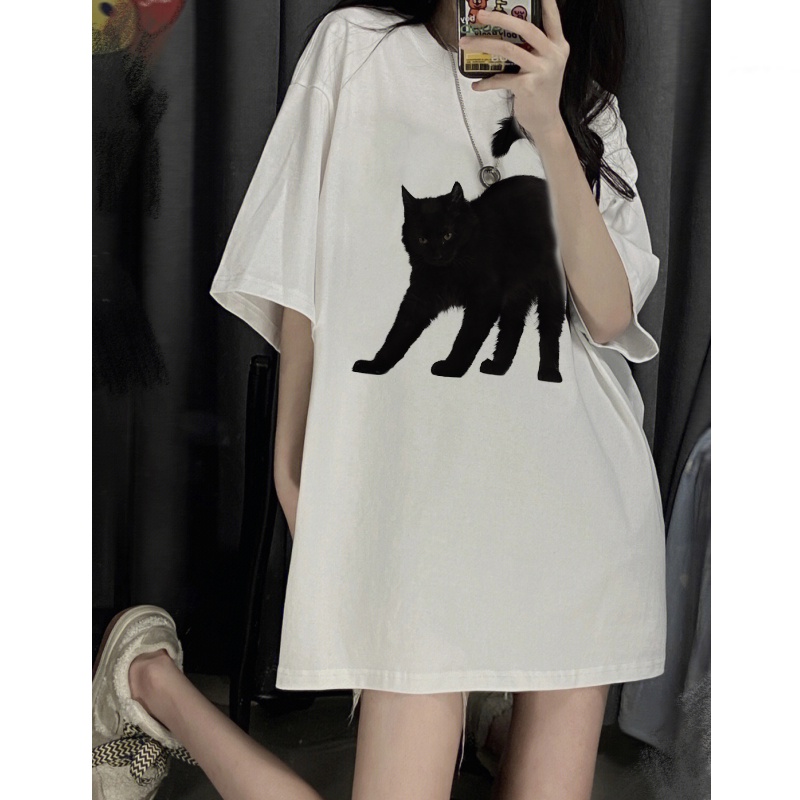 EUNII T-shirt Lengan Pendek Cartoon Black Cat Korean Style/Kaos Atasan Wanita/Baju Kaus Oversize Wanita/Kaos Wanita