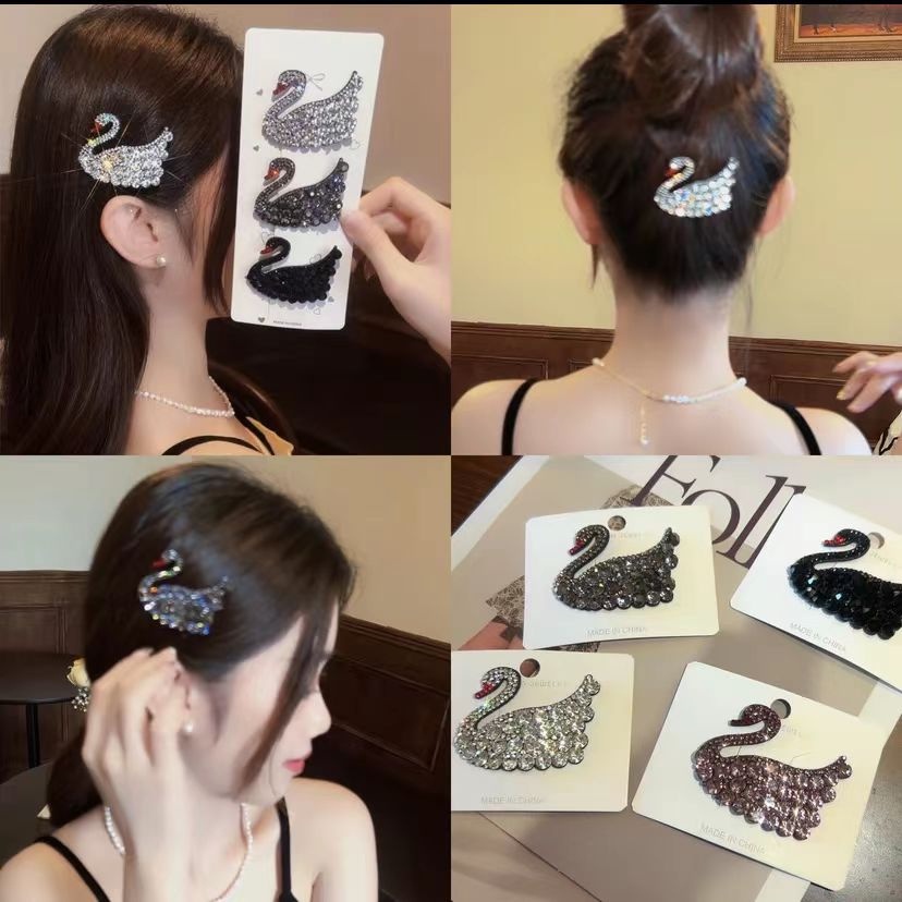 【Bayar di tempat】rhinestone Swan Hair Clip Elegan Temperamen Poni Klip Indah Aksesori Rambut