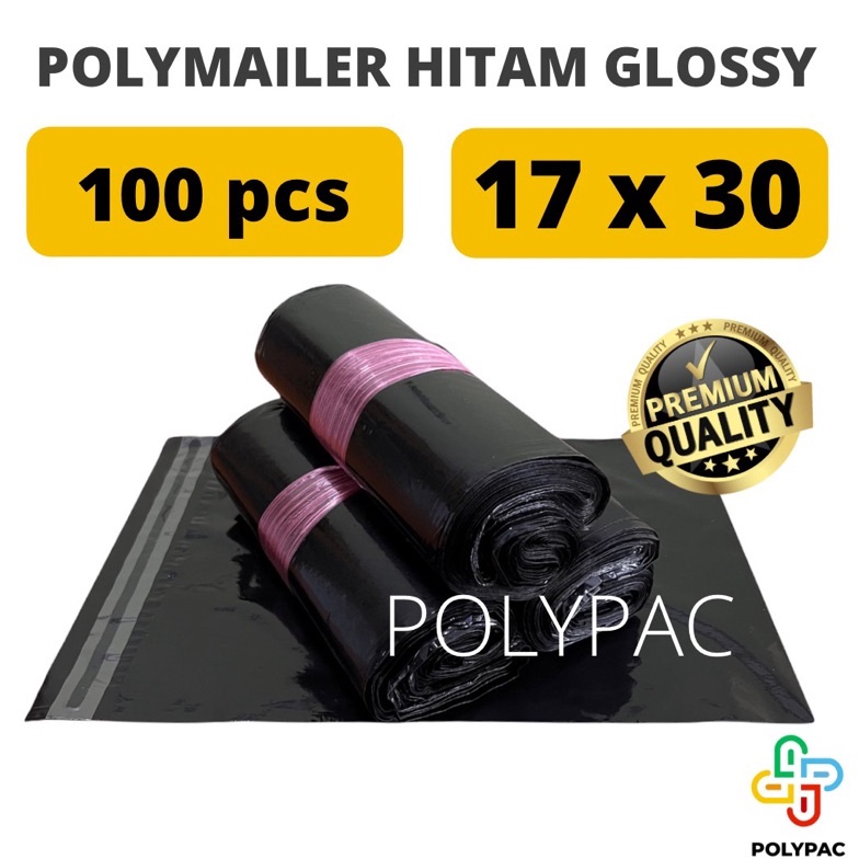 

92 Polymailer PE HITAM GLOSSY [17x30] isi 100 pcs - Polymailer Hitam Premium ⁂Dijual Murah