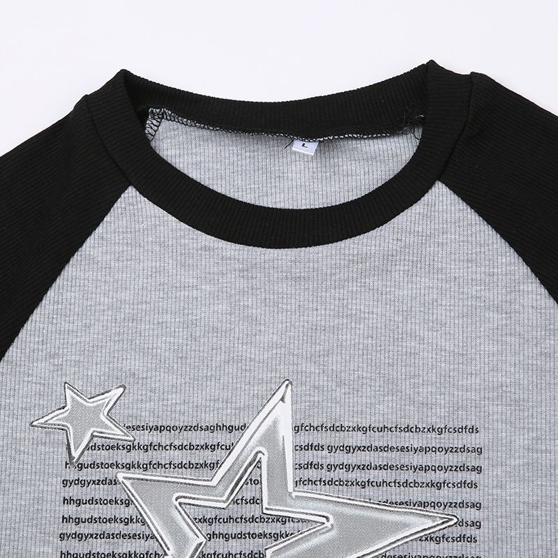 Red Rapcopter American retro star print T-shirt wanita warna hit lengan raglan rajutan benang hot girl atasan lengan pendek