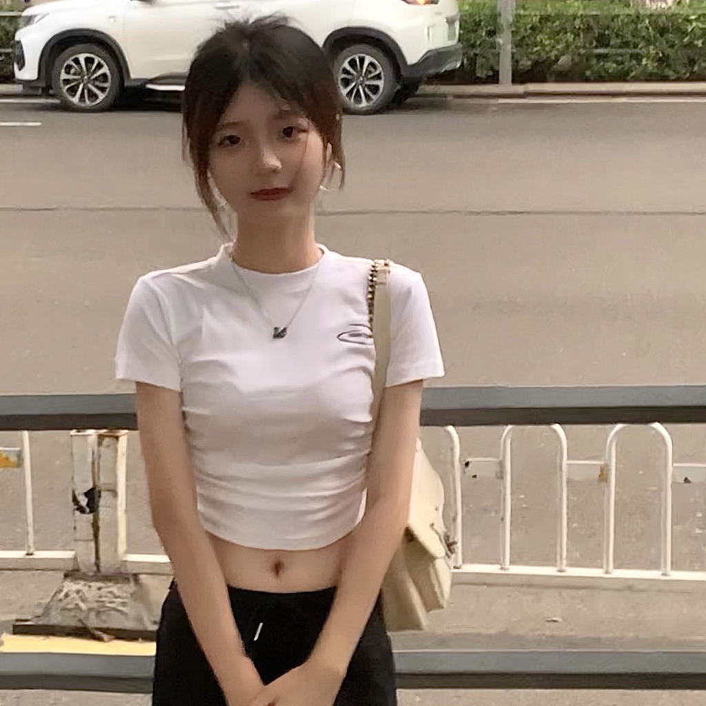 Red Musim Panas Amerika Kapas Murni National Tide Merek Lipit Ketat Lengan Pendek Wanita In Fashion Tinggi Pinggang Pendek Bahu T-shirt top