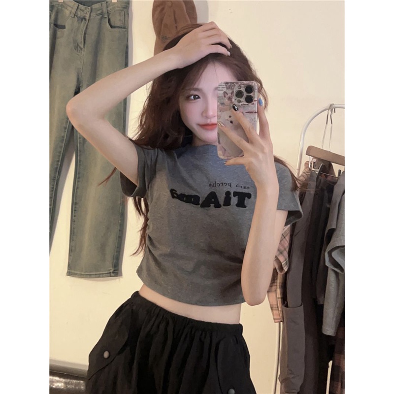 Red Musim Panas Retro High Street Kapas Tiga Dimensi Berkelompok Bordir Lengan Pendek T-shirt Wanita Tinggi Pinggang Bagian Tipis Panas Manis gadis Pendek Top