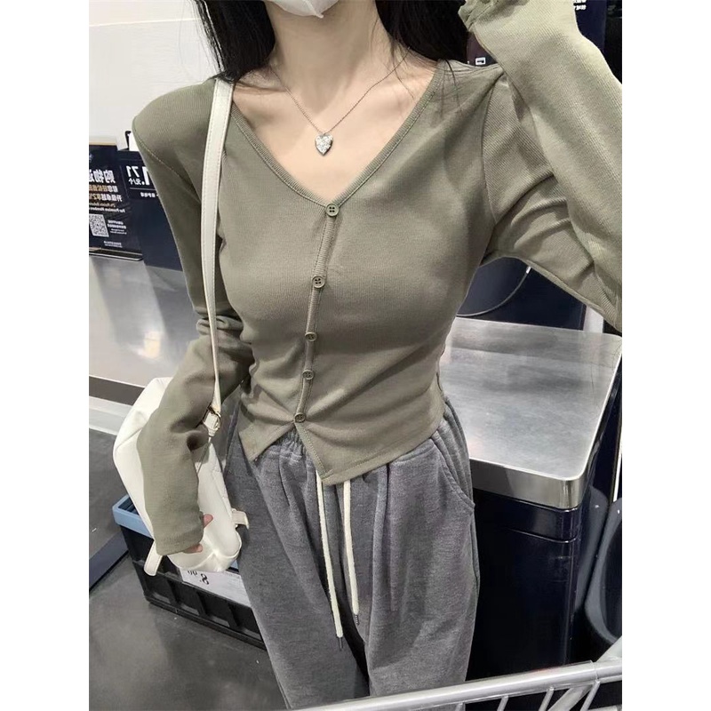 Red Manis dan tidak beraturan V-neck lengan panjang inst-kemeja wanita musim gugur temperamen baru budidaya diri dan hot girl pendek atasan wanita fashion