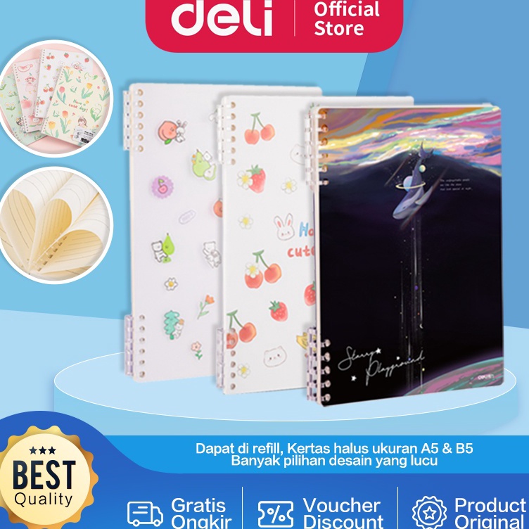 

[KODE PRODUK VTNIA4638] Deli Loose-Leaf Notebook / Binder Buku Catatan Lucu Dapat di Refill Isi 50 Lembar A5 B5 2450X