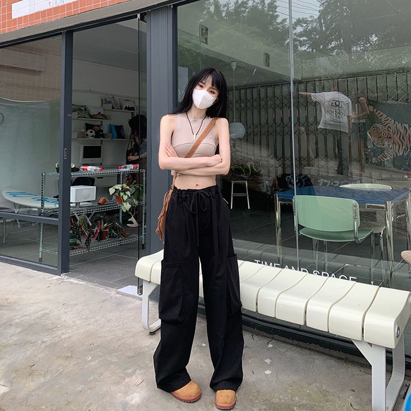 Red High Street Ins Gaya Amerika Overall Wanita Musim Panas Retro Saku Besar Longgar Pinggang Tinggi Ramping Kasual Lebar Kaki Celana Panjang trendi