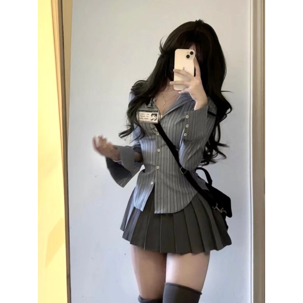 Red Manis Gadis Setelan Rok Wanita Baru Bergaris Lengan Panjang Kemeja Wanita Musim Semi Kecil Pria Slim Lipit rok Setelan Jas Dua Potong