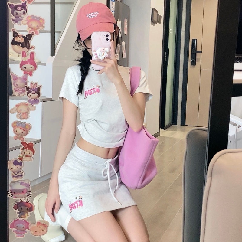 Red Keinginan murni setelan perempuan bordir kasual T-shirt pendek tas lengan rok baru hot gadis musim panas ceruk dua potong tipis