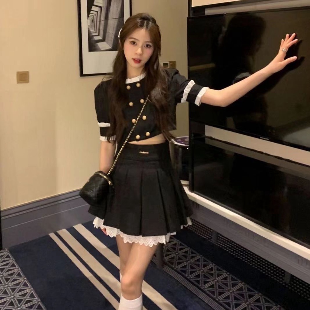 Red Musim panas baru seragam JK hitam keinginan murni babes memakai gaya harum kecil double-breasted pusar terkena a-line setelan rok lipit