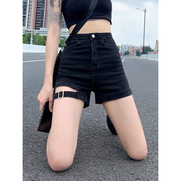 Red Hitam Celana Pendek Denim Berpinggang Tinggi Wanita Musim Panas 2022 Baru Elastis A-line Slim Tas Hip Ketat Hot Girl hot Pants