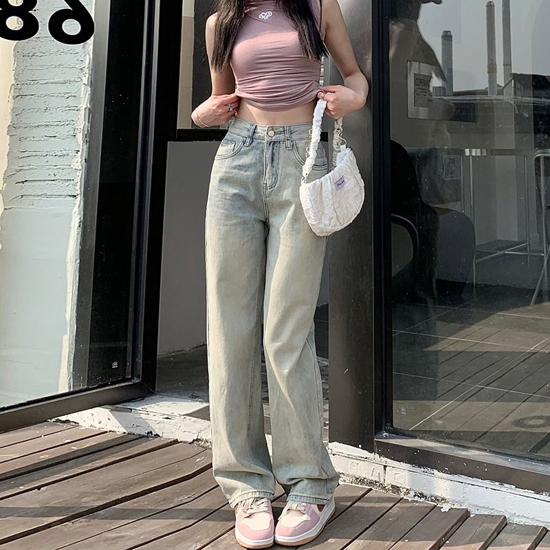 Red American retro high street lumpur kuning versi sempit celana jeans lebar kaki wanita tabung lurus longgar pinggang tinggi celana pelangsing lantai mengepel