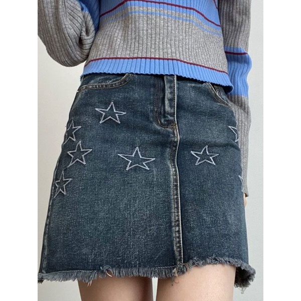 Red Retro American Star Bordir Denim Rok Wanita Gadis Rempah Trendi Merek Desain Pinggang Tinggi Slim A-line Paket Rok Pinggul