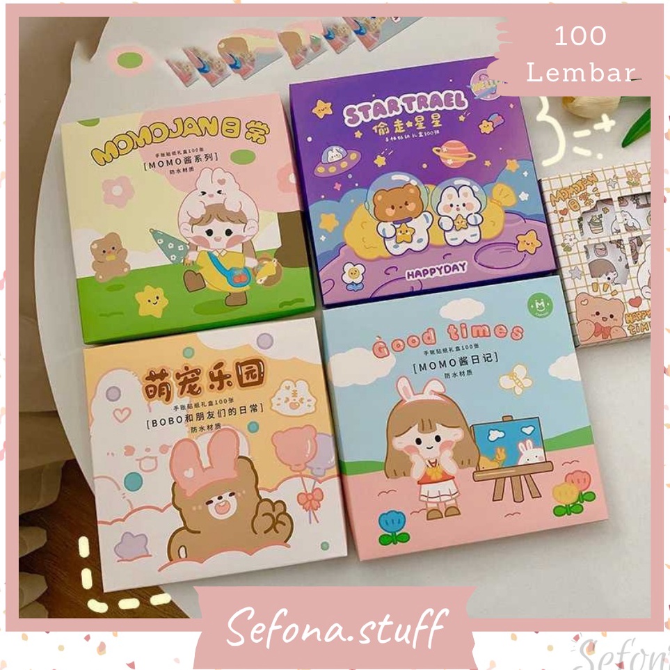 

9.9 BRANDS FESTIVAL [Update Motif] 100 pcs Stiker Box Motif Kartun Momo, Bobo, Beruang Anti Air Sticker Hp Laptop DIY Scrapbook Jurnal Lucu Viral