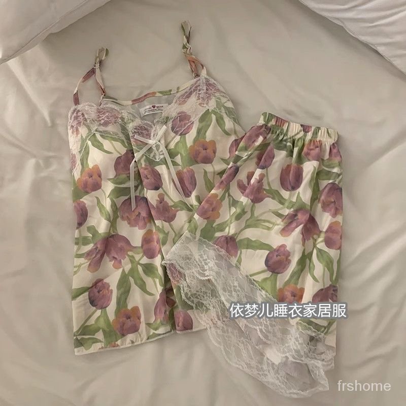 Piyama selempang wanita dengan bantalan dada rasa dingin 2023 renda baru tepi renda set pakaian ruma
