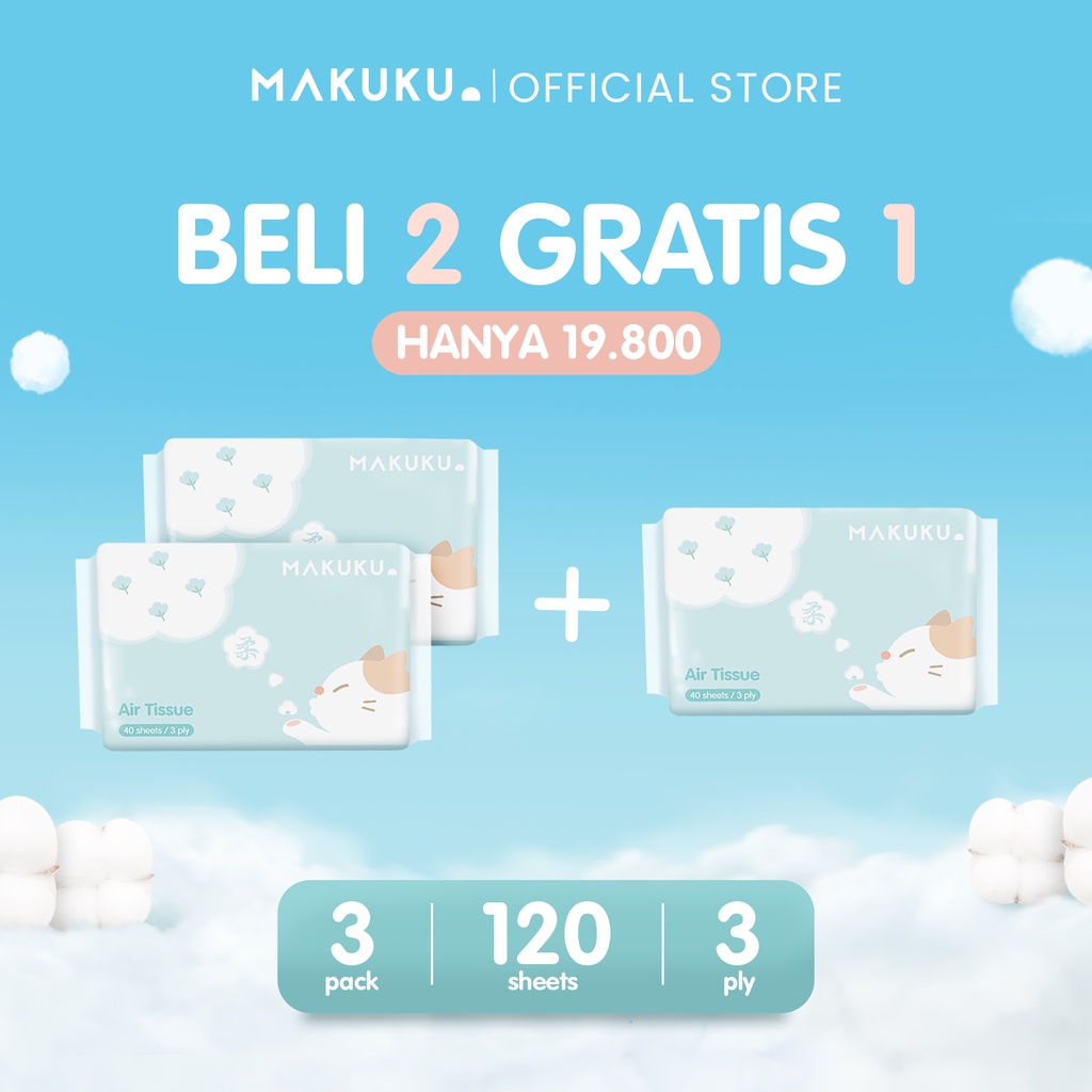 MAKUKU Air Tissue Isi 1 Pack / 3 Ply 40 Lembar / Facial tissue melembabkan / Tisu Bayi / Tisu Wajah lembut / Tisu Kering / Tisu travel pack / Cocok untuk kulit sensitif