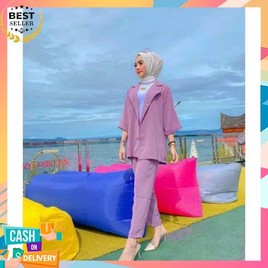 One Set Blazer Wanita Kerja  Korean Style Jumbo Kemeja Cewe Bahan Adem Outer Kondangan Untuk Ootd Pa
