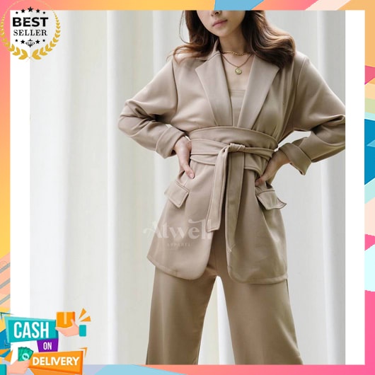 One Set Blazer Wanita Kerja  Korean Style Jumbo Stelan Jas Kantor Blezer Cewek Casual Baju 2In1 Keki