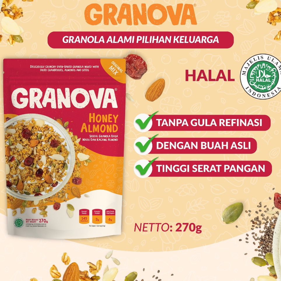 

ネ Granola Honey Almond (Original) by Granova 100g / 270g - Sereal Granola, Menu Sarapan Sehat Bergizi - Halal ㋿