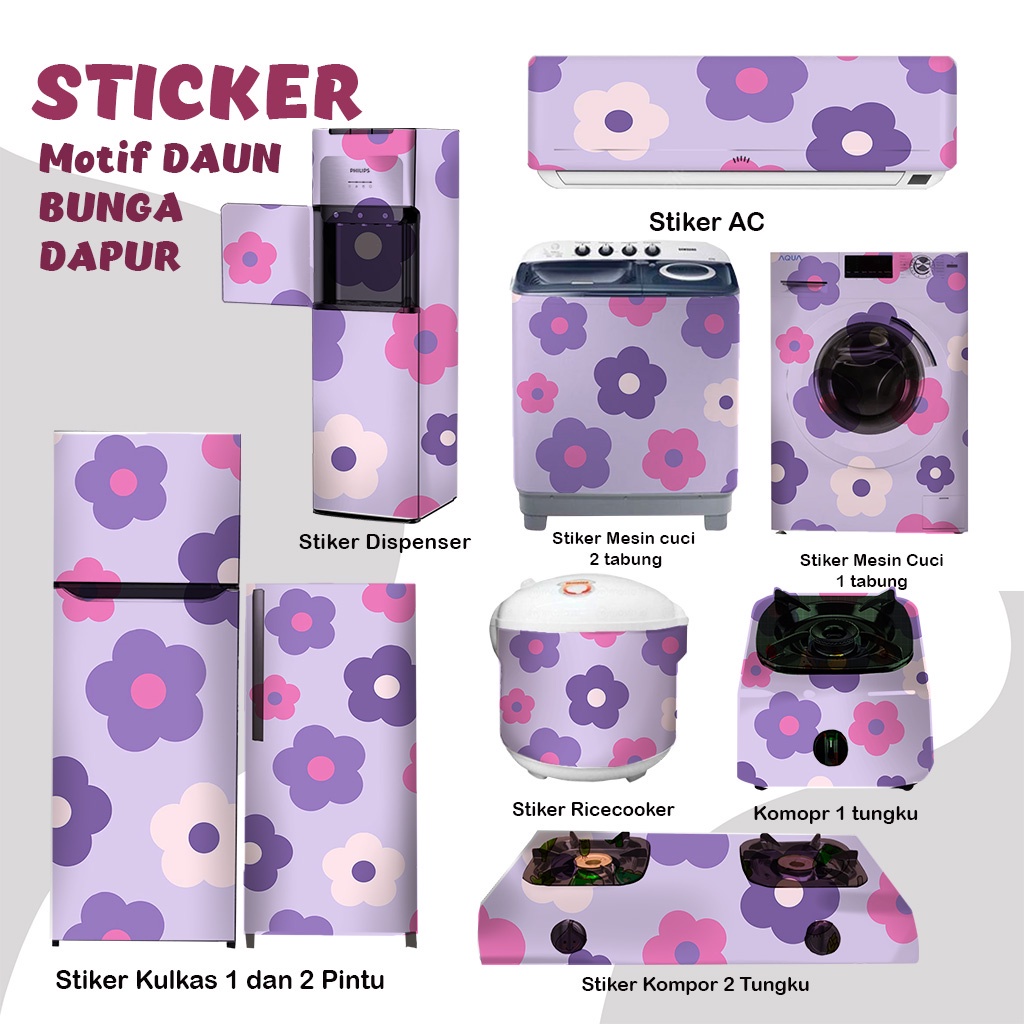 Stiker Stiker Stiker kulkas mesin cuci 1 2 pintu tabung mata RiceCooker Dispenser BUNGA UNGU COKLAT
