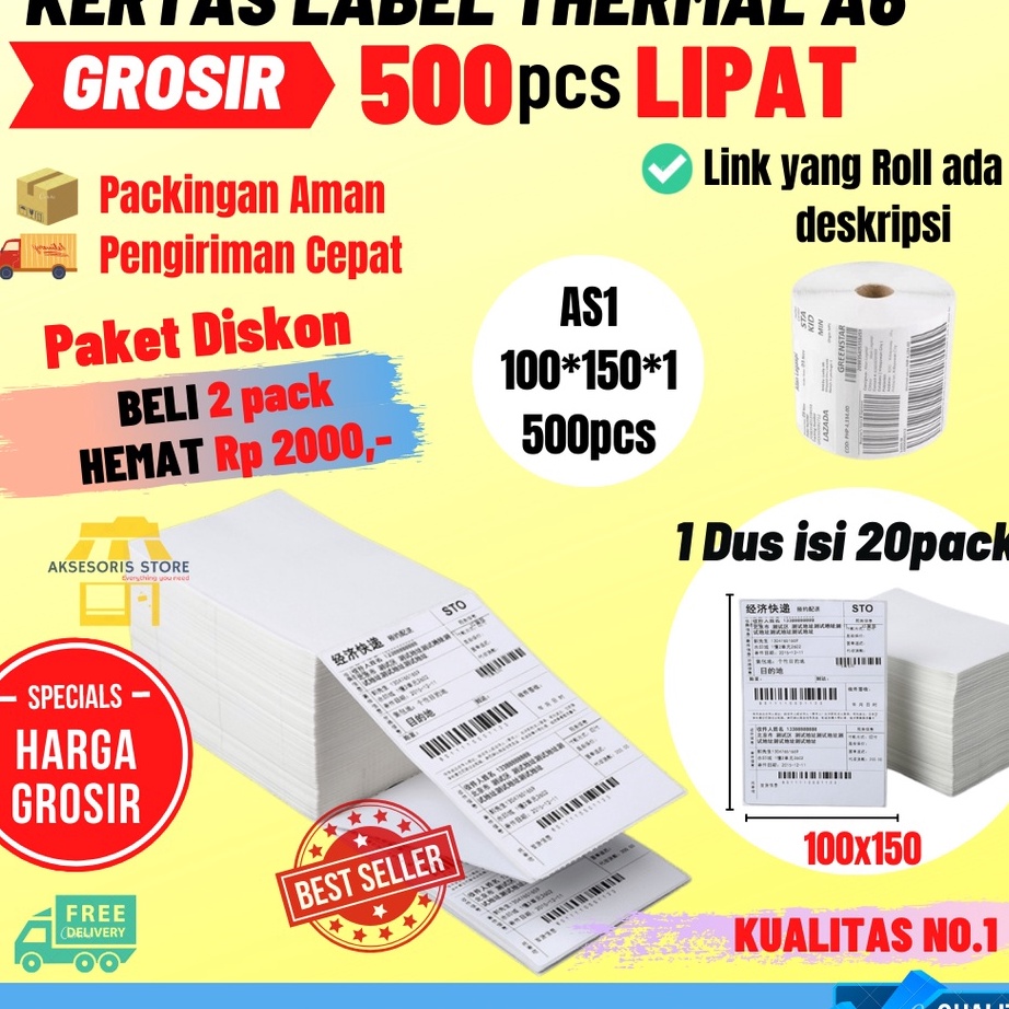 

➢Ready 086RS KERTAS THERMAL LABEL STICKER BARCODE 500PCS LIPAT UKURAN A6 100X150 G71 ✰Stok Banyak