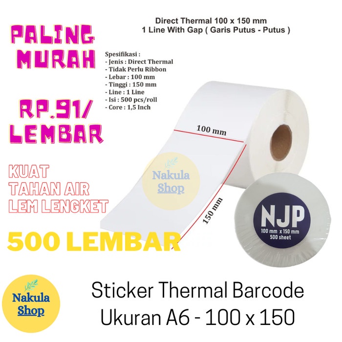 

Terlaris Label Sticker Thermal 100X150 Barcode Ukuran A6 - Isi 500Pcs